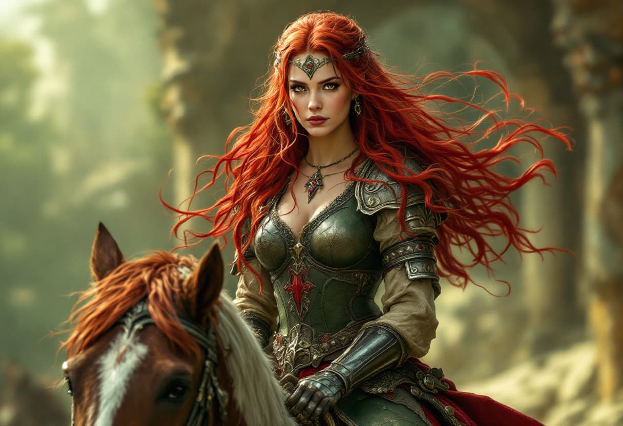 AI generated: 
A medieval warrior woman with flowing red hair atop a horse dressed in green and red armor
Clean, c...