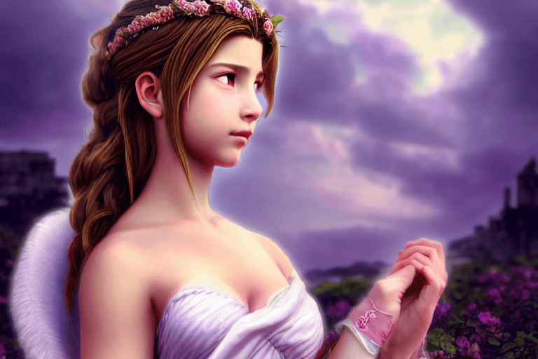 AI generated: Aerith Gainsborough as Greek goddess Aphrodite, portrait, realistic, moody, atmospheric, full body a...