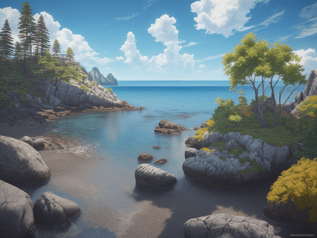 AI generated: photorealistic oil on canvas,
sparse clouds in a soaring sky, sunny, bright colors,
small trees, roc...