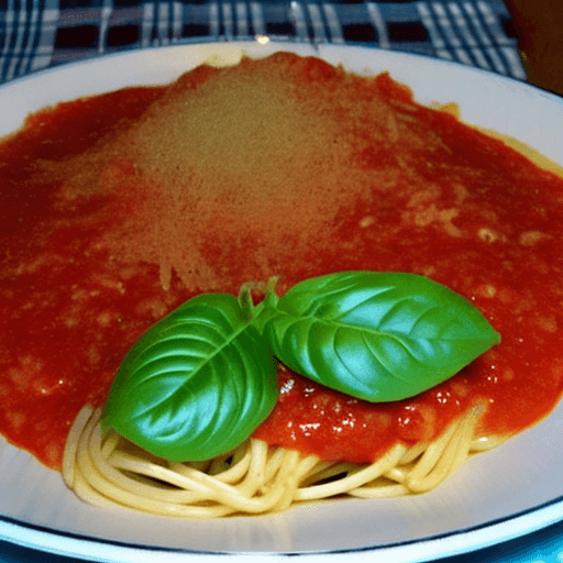 AI generated: a photo of a full plate of spaghetti created by a chef on a table in a tavern. The spaghetti is roll...