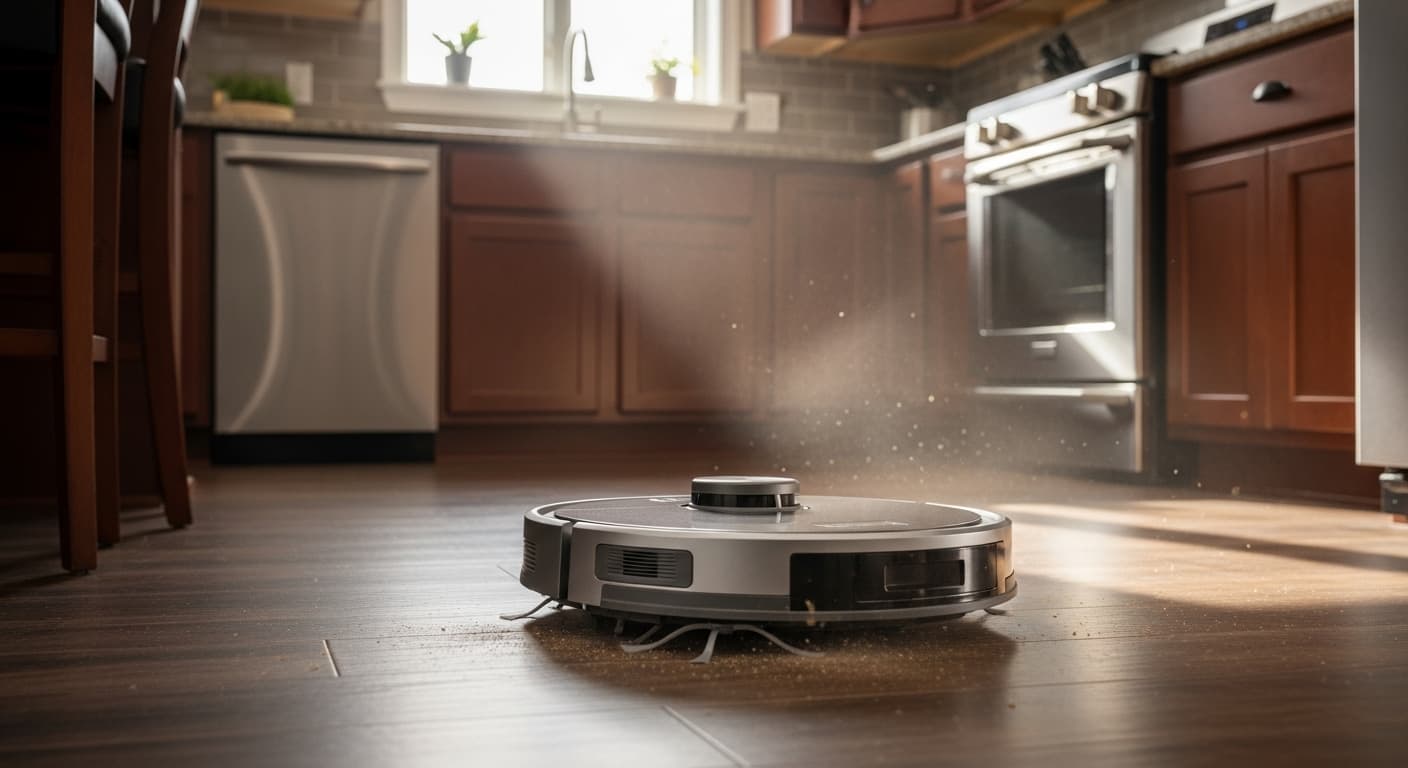 AI generated: robot vacuum cleaner, one, kinematic, 4D, 4K, 8K, realism, in full height, cleans the floors in the ...