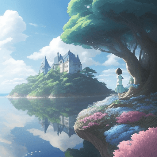 AI generated: clouds, blue skuy like mirror,there is forest with big trees,cute nutrue themed illustration,a girl ...