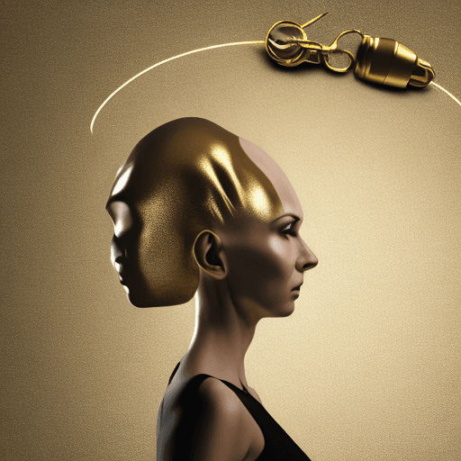 AI generated: woman without hair on her head in full growth with a gold watch around her neck, black background,3d...