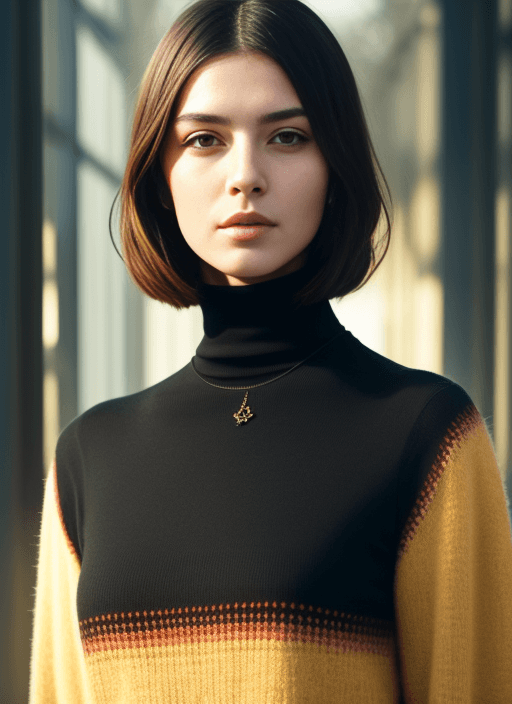 AI generated: A stunning intricate full color portrait of attractive woman, wearing a black turtleneck, epic chara...