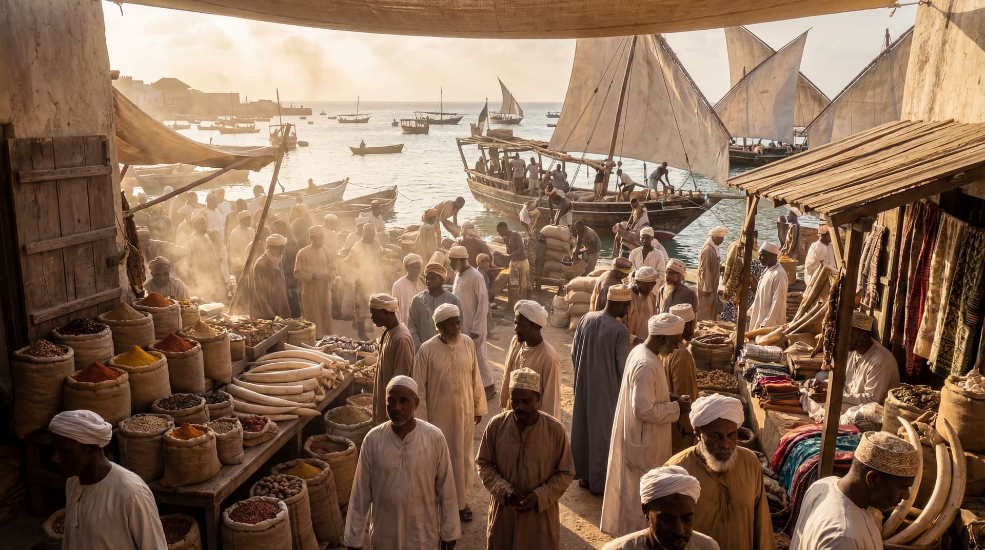 AI generated: Zanzibar Markets: "Crowded 19th-century Zanzibar spice and ivory market, busy docks, dhow ships in t...