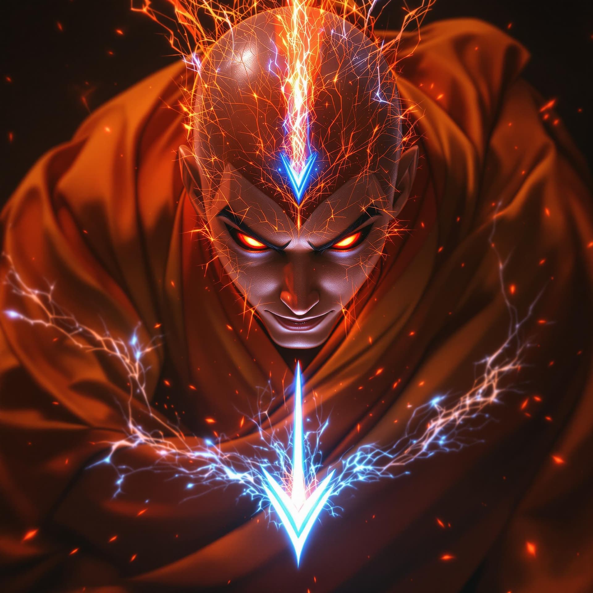 AI generated: avatar aang, the last airbender, in the style of furaffinity, orange robes, red, #vfxfriday, massurr...