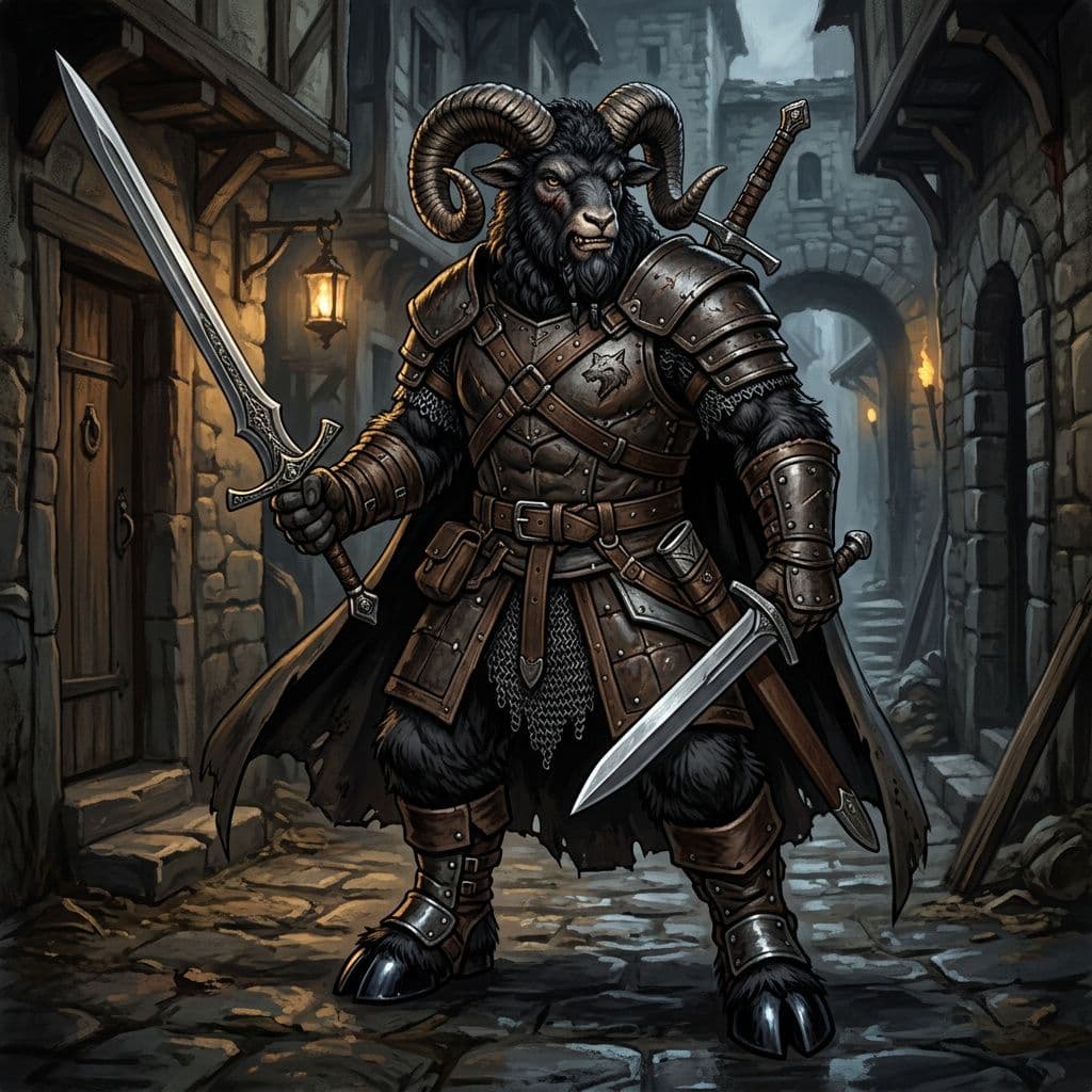 AI generated: anthropomorophic ram man wearing dark leather armor, holding a longsword in one hand and a short swo...