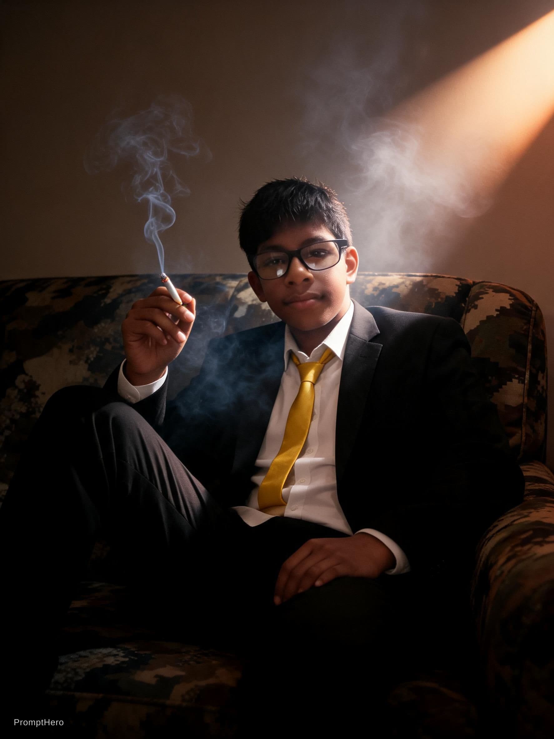 AI generated: photography, cover shoot, dimly lit room with a hazy atmosphere, capturing a professional male model...