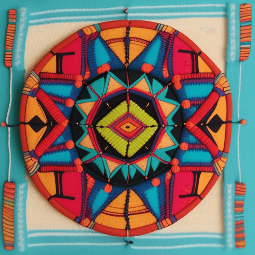 AI generated: artesania textil indigena kuna con figuras geometricas que estan con diferentes capas y muy colorido