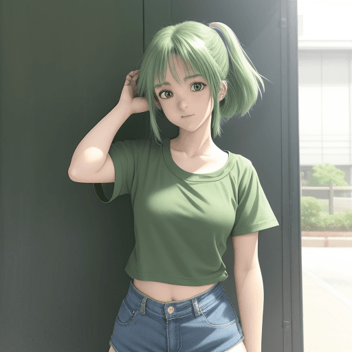 AI generated: anime girl in green shirt and blue shorts posing for picture, by Kose Kanaoka, anime visual of a cut...