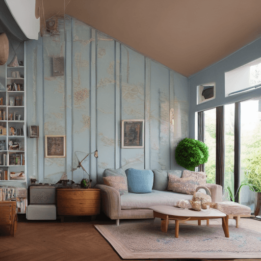 AI generated: High resolution photography interior design, dreamy sunken living room conversation pit, wooden floo...