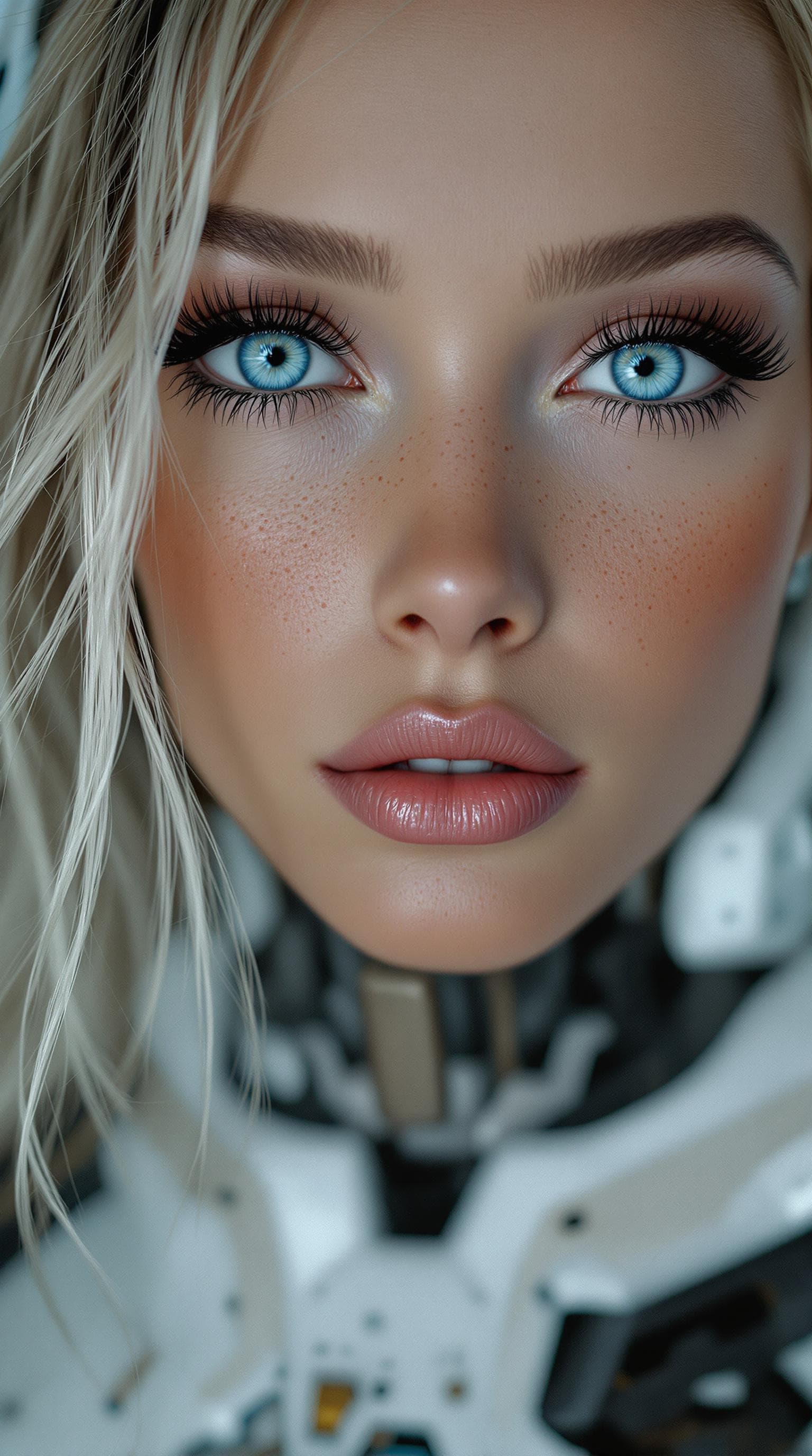 AI generated: Incredibly beautiful Norwegian with blue eyes, long eyelashes, black eyeliner, freckles, dimples on ...