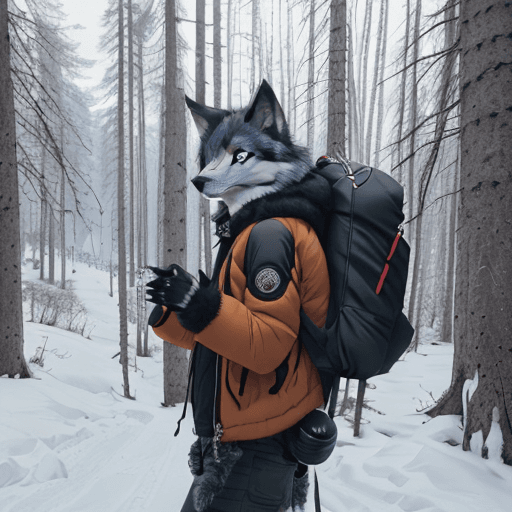 AI generated: furry, fursona, anthro, wolf male, anthropomorphic, clothed, puffy jacket, backpack, (subject on the...