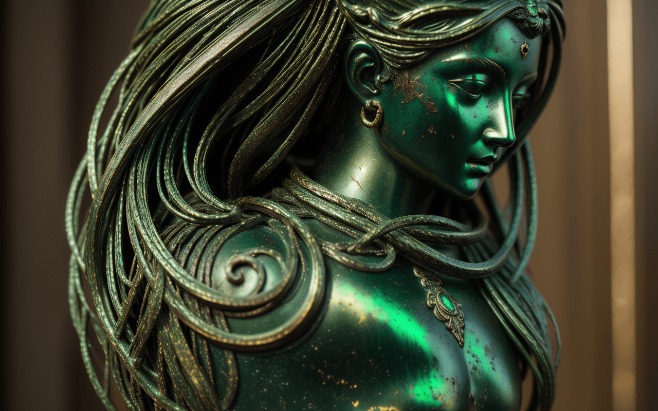 AI generated: one,barocco,interior statue andromeda ,hair snakes,decorative bronze,( green patina:1.4), interior d...