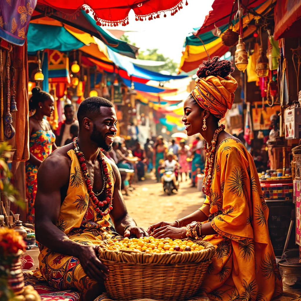 AI generated: African traditional wedding with vibrant stalls, rich colors, 4k resolution, detailed patterns, trad...