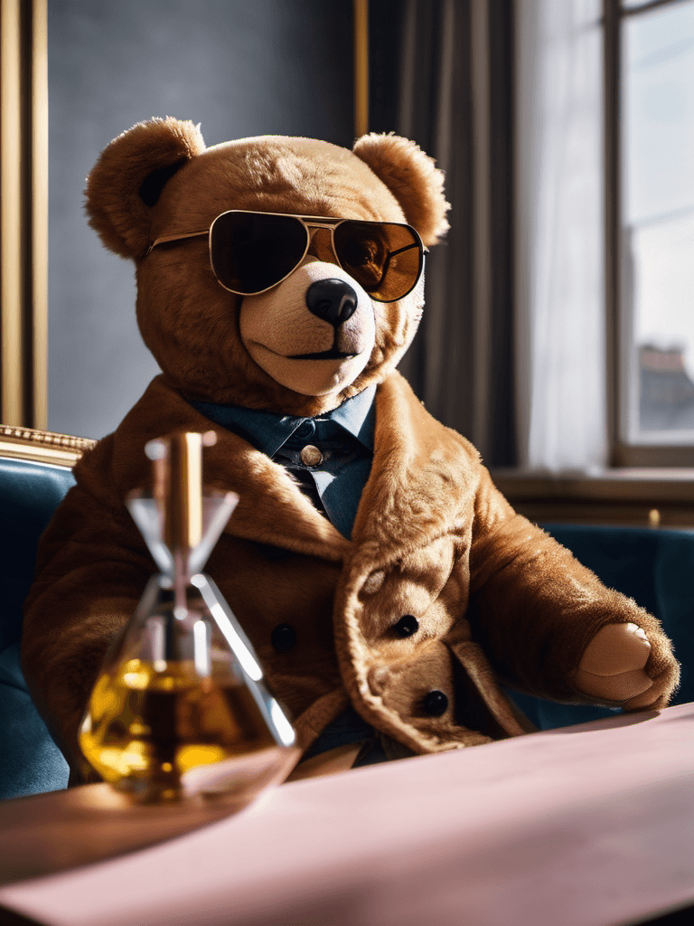 AI generated: teddy bear, half-body shot, balenciaga style, elegant, wearing sunglasses