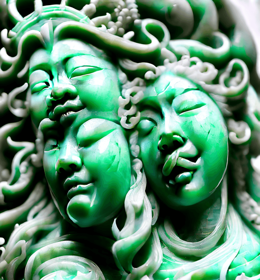 AI generated: Highly detailed marble and jade sculpture of a geisha body with a ponytail, spitting dragon fire fro...