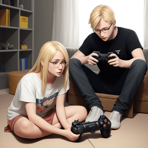 AI generated: A guy with blond hair and a girl with glasses are sitting on the floor and playing playstation