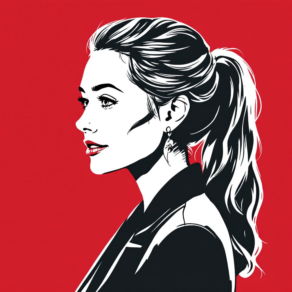 AI generated: illustration, side profile of a middle-aged woman, white silhouette on deep red background, long wav...