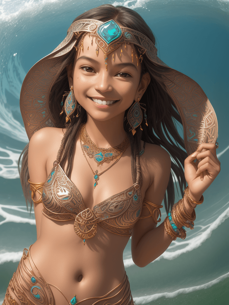 AI generated: a girl smiling, in the style of reefwave, metalwork jewelry, goa-insprired motifs, eco-friendly craf...