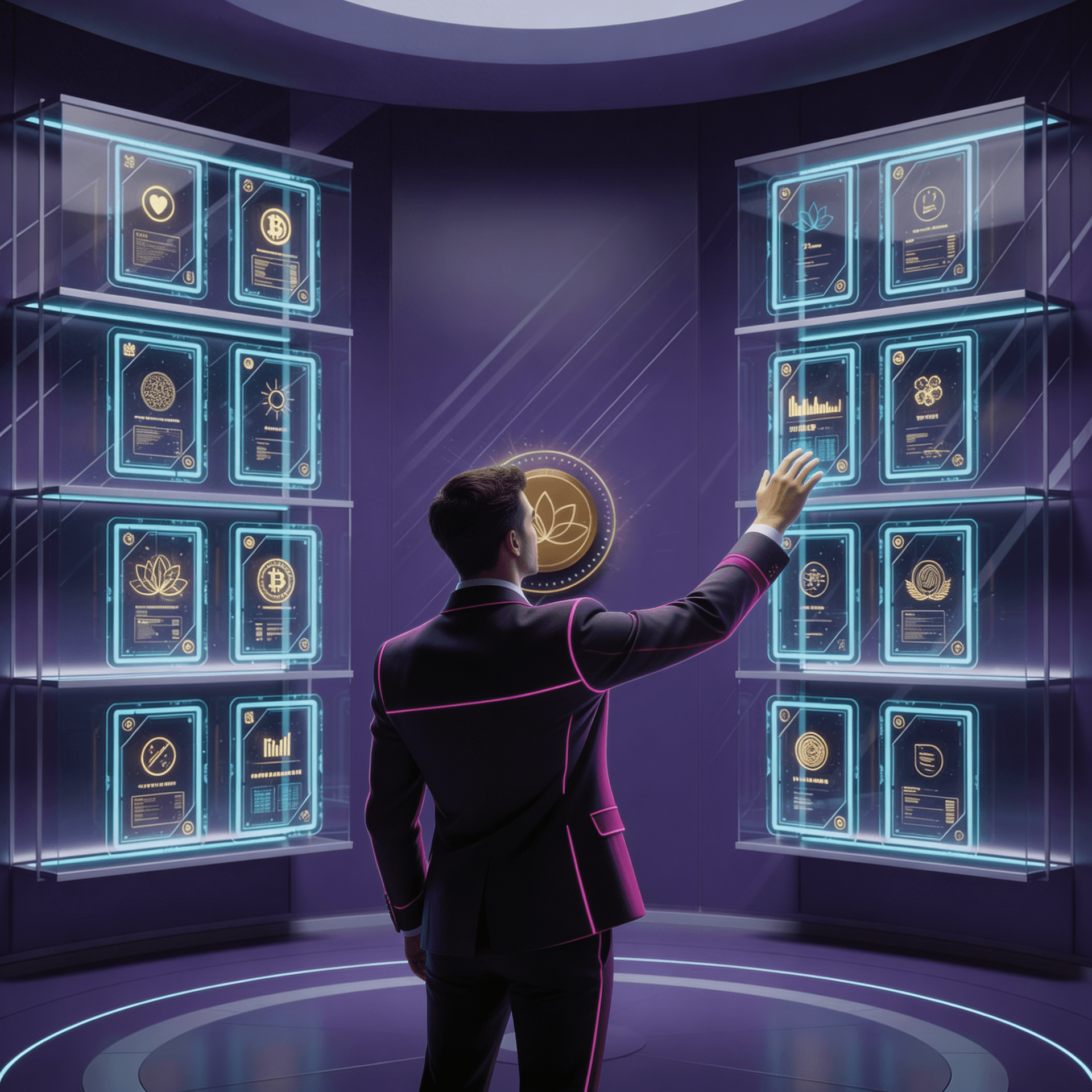 AI generated: figure seen from behind standing in personal digital vault, looking at 
floating holographic asset d...