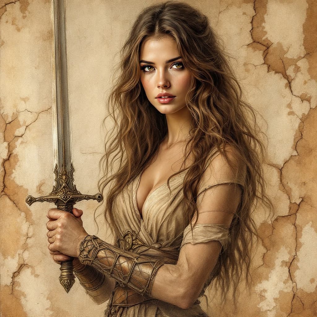AI generated: On an old, cracked wall with peeling plaster is a faded old painting depicting a warrior woman with ...