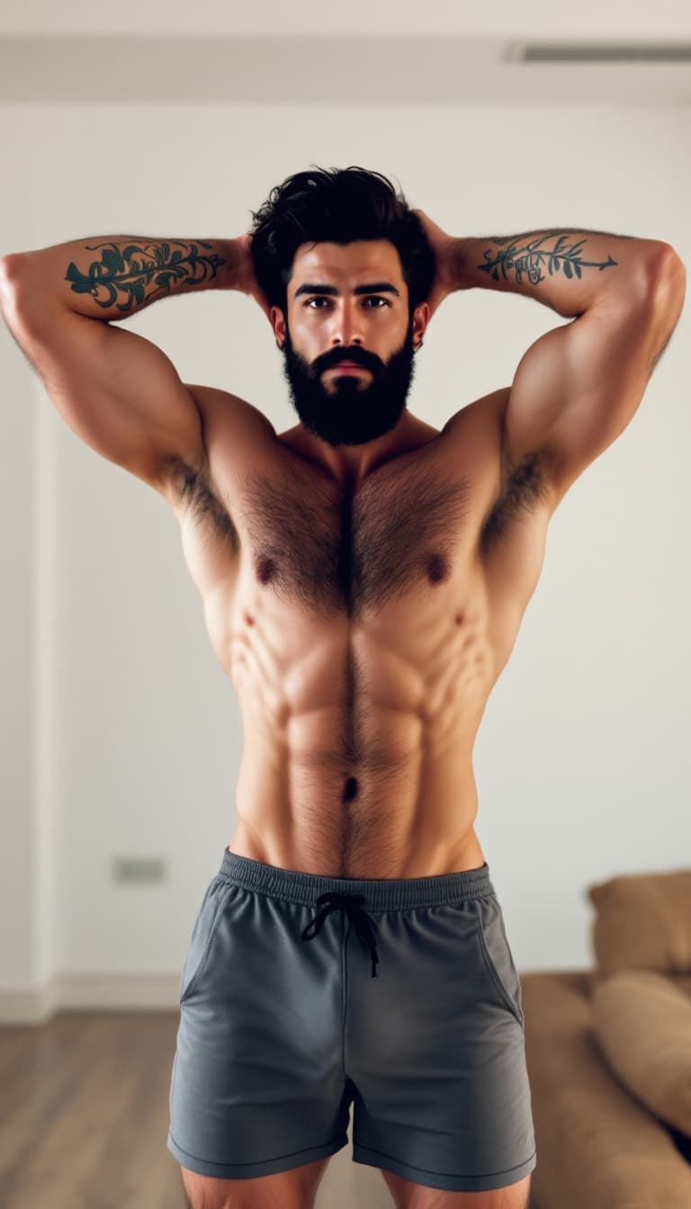 AI generated: Photo of an attractive Italian man with dark hair, incredibly hairy chest, arms raised, under arm pi...