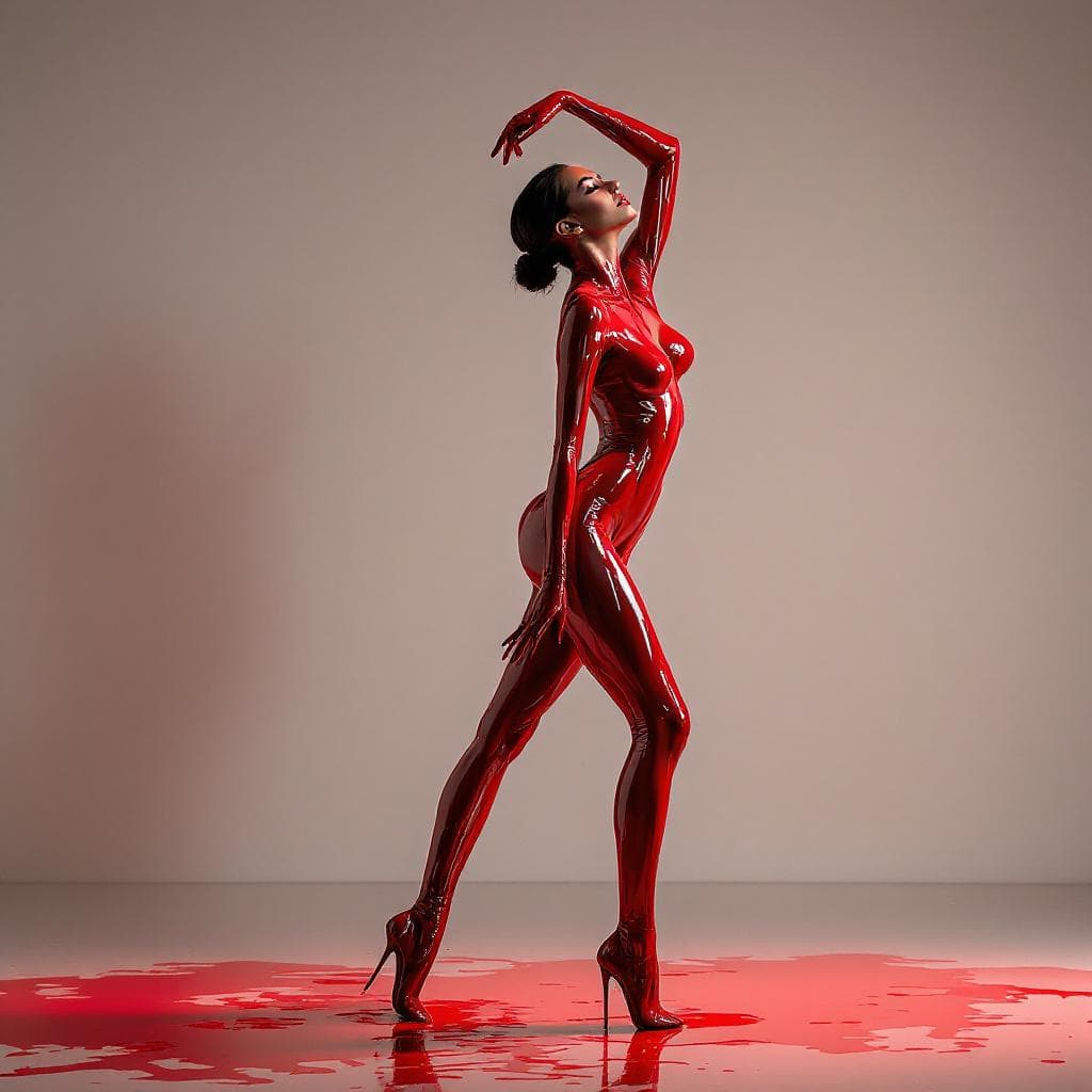 AI generated: A dramatic, high-contrast studio portrait of a woman standing in elegant side profile. Her body is a...