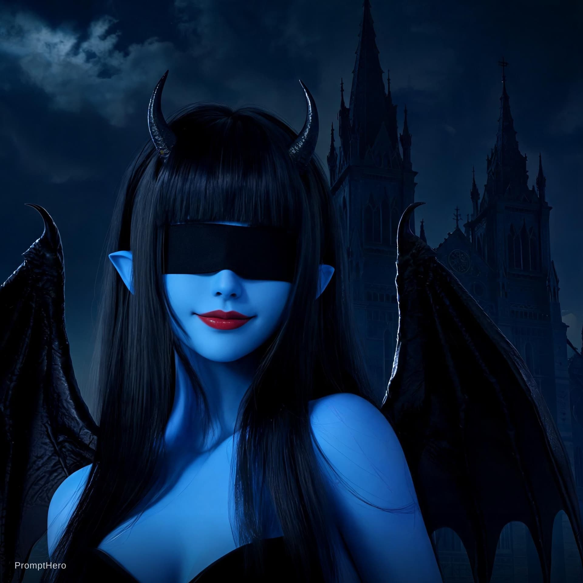 AI generated: dark-theme, (night, demonic church), (blue skin:1.2), 1 woman, cute, demon horns, (black long straig...