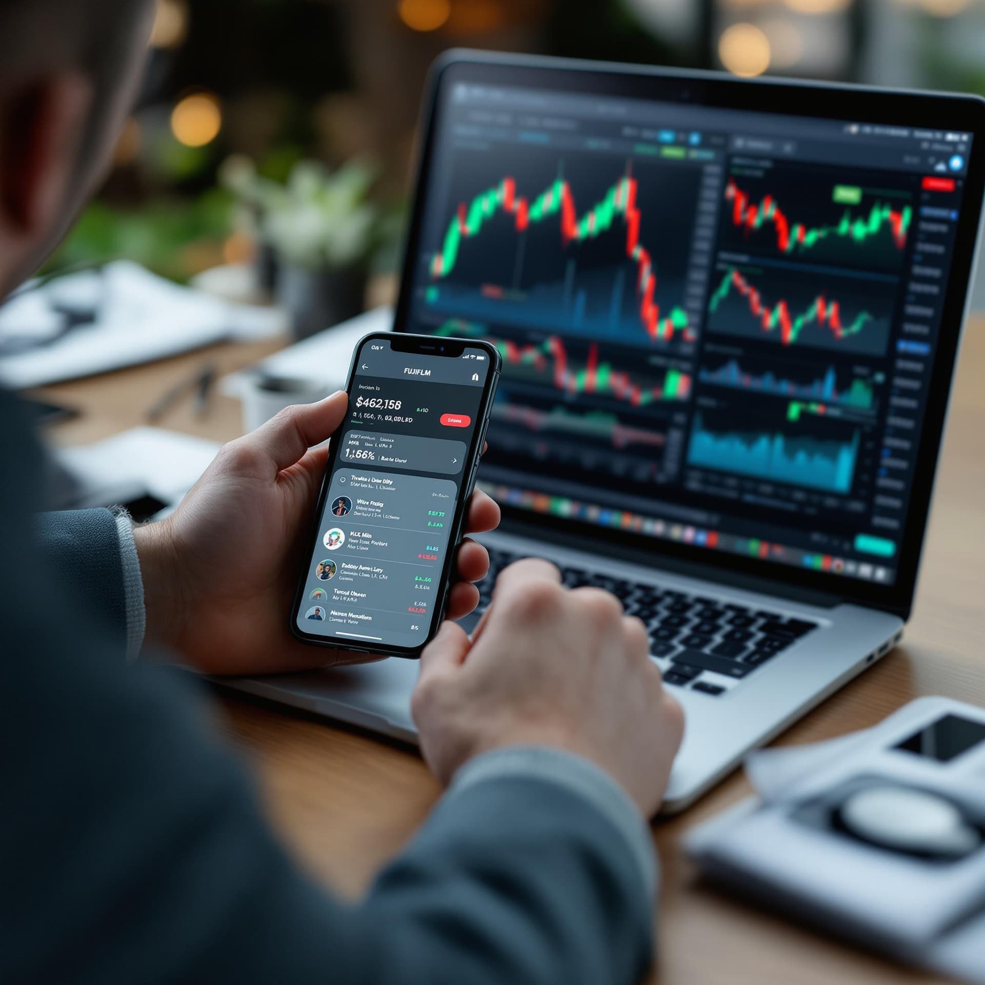 AI generated: A professional image of a person analyzing stock charts on a laptop, with a smartphone displaying in...