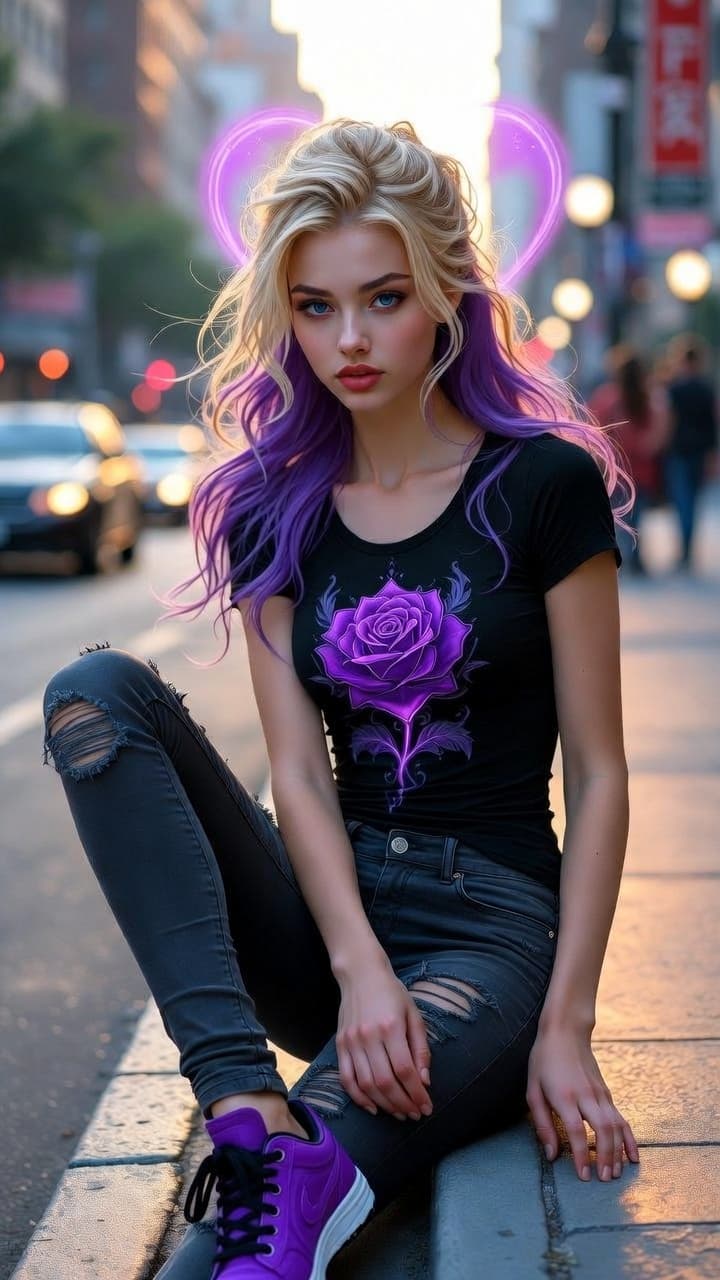 AI generated: A whimsical, cinematic portrait of a gorgeous 23 year old blonde with long, flowing hair streaked wi...