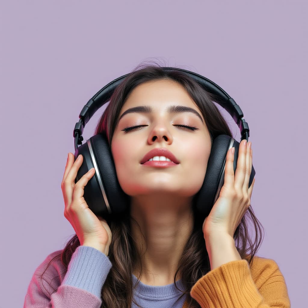 AI generated: The girl is savouring the music, with large audiophile headphones on her head. Her eyes are closed, ...