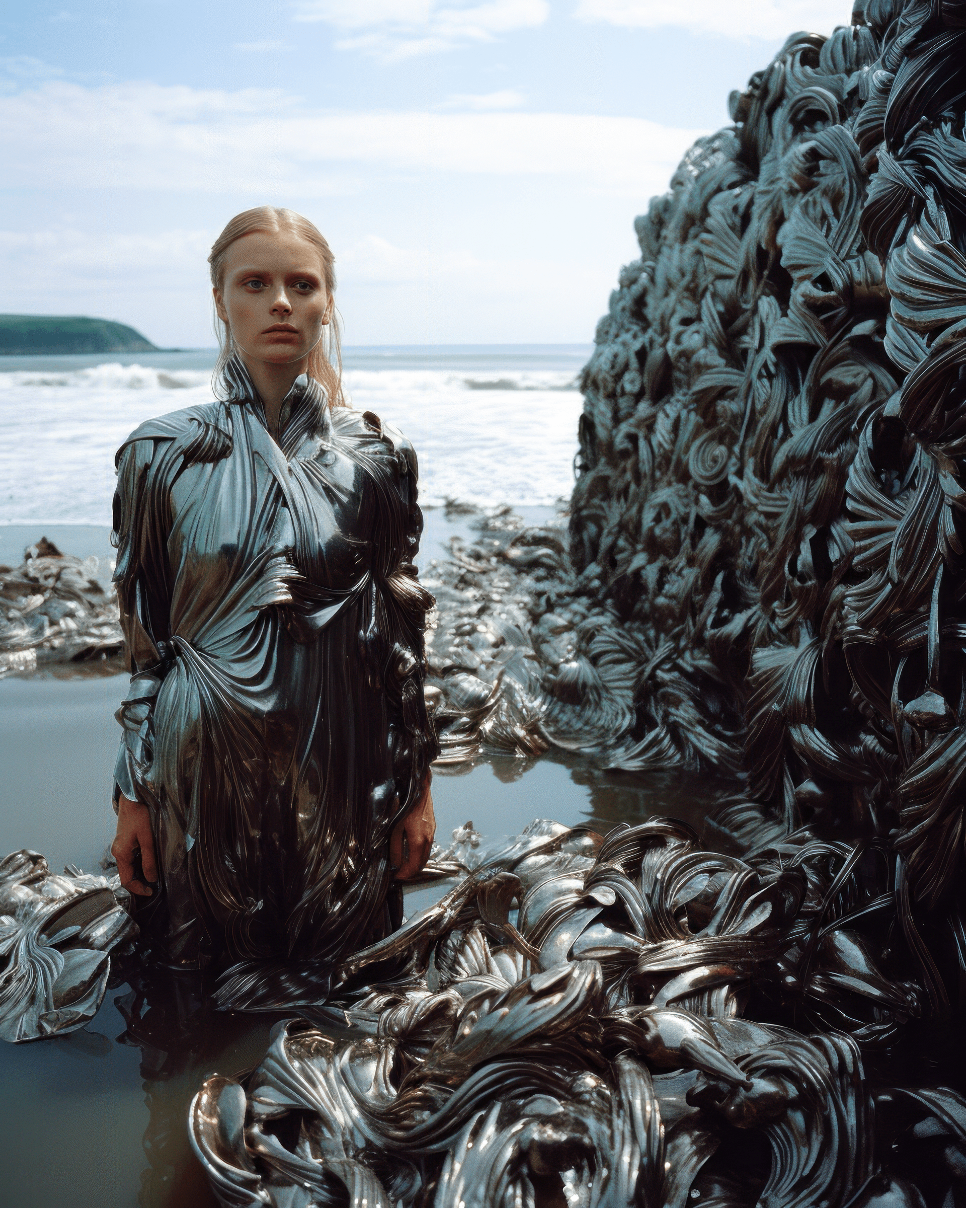 AI generated: a young, elegant fashion model emerging from the sea, adorned in a radiant and shimmering silver met...