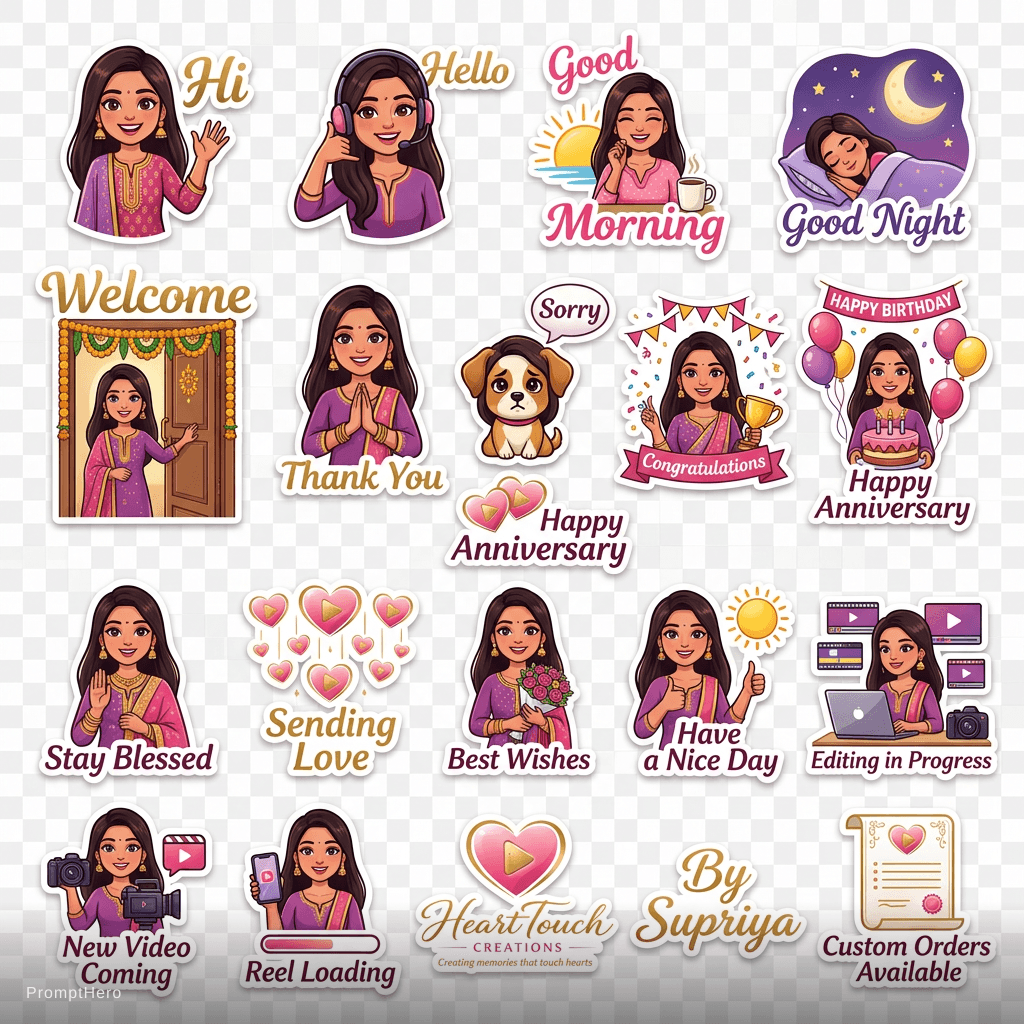 AI generated: Create a premium WhatsApp sticker pack for a digital creator brand called “Heart Touch Creations by ...