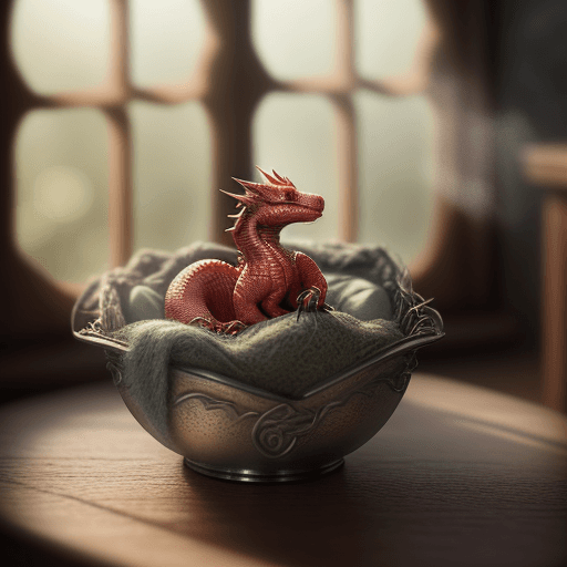AI generated: photorealistic, lotr, A tiny red dragon curled up asleep inside a nest, (Soft Focus) , (f_stop 2.8) ...