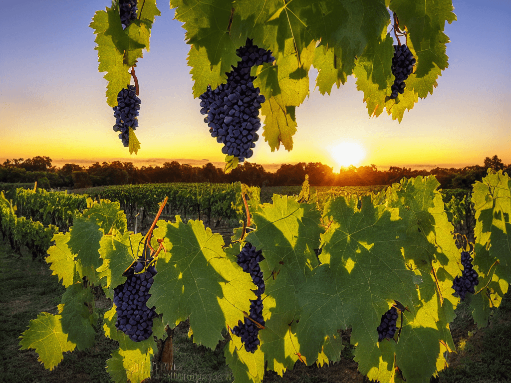 AI generated: bunches of grapes are hanging from a vine in a vineyard at sunset grape field with skyline view, by ...