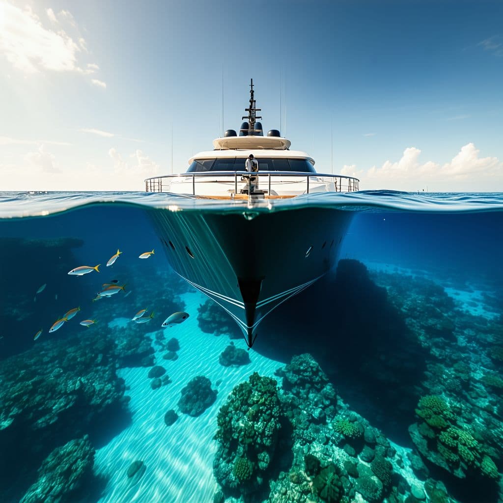 AI generated: Cinematic scene, high definition, luxury super yacht sinking in crystal clear water, split over and ...