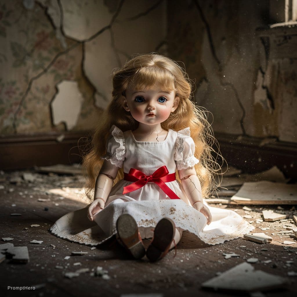 AI generated: A delicate doll with pale, cracked skin and striking blue eyes sits quietly in an aged room. Her blo...