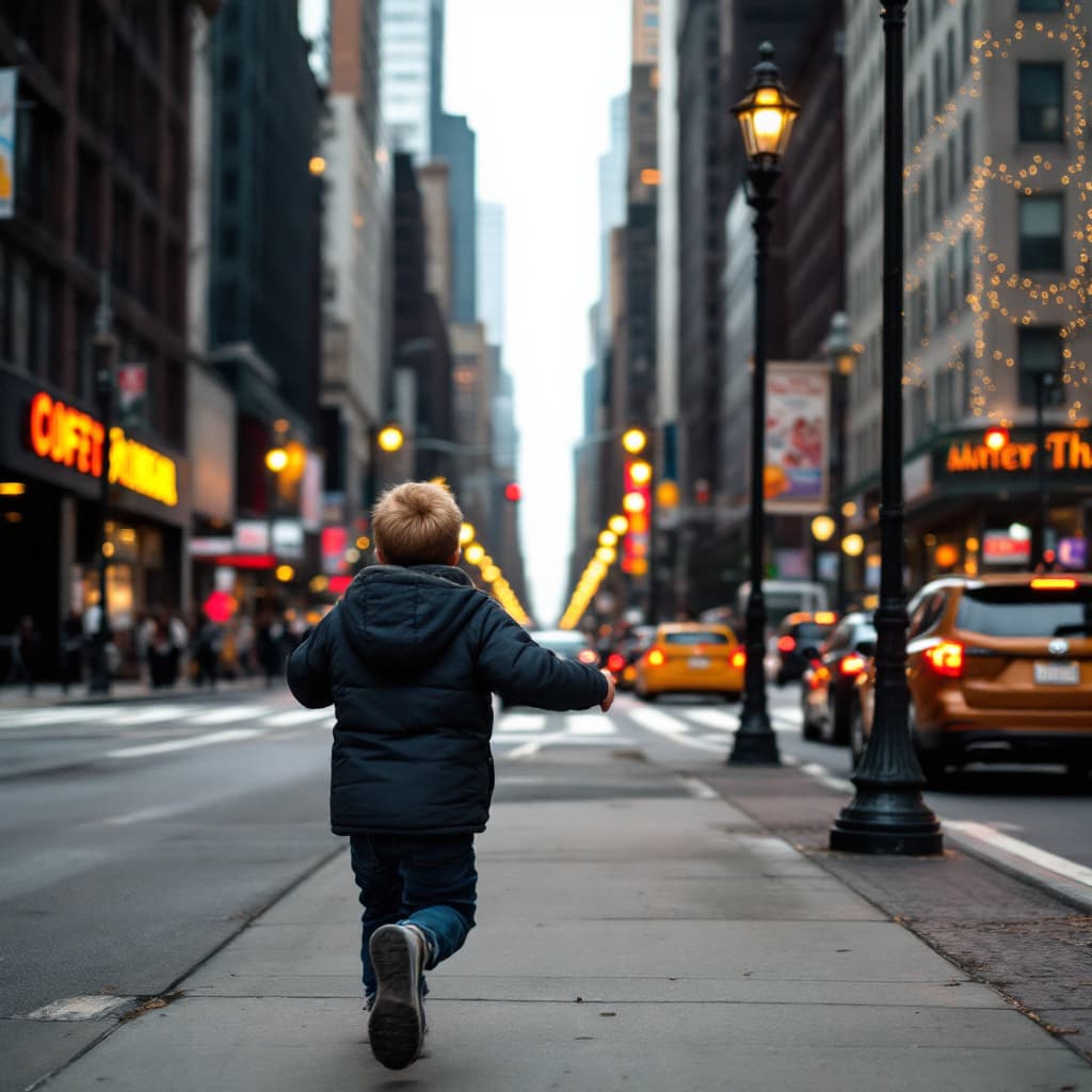 AI generated: A boy on the side walk of not-so-busy street of New York City, wearing a jacket,  happily running to...