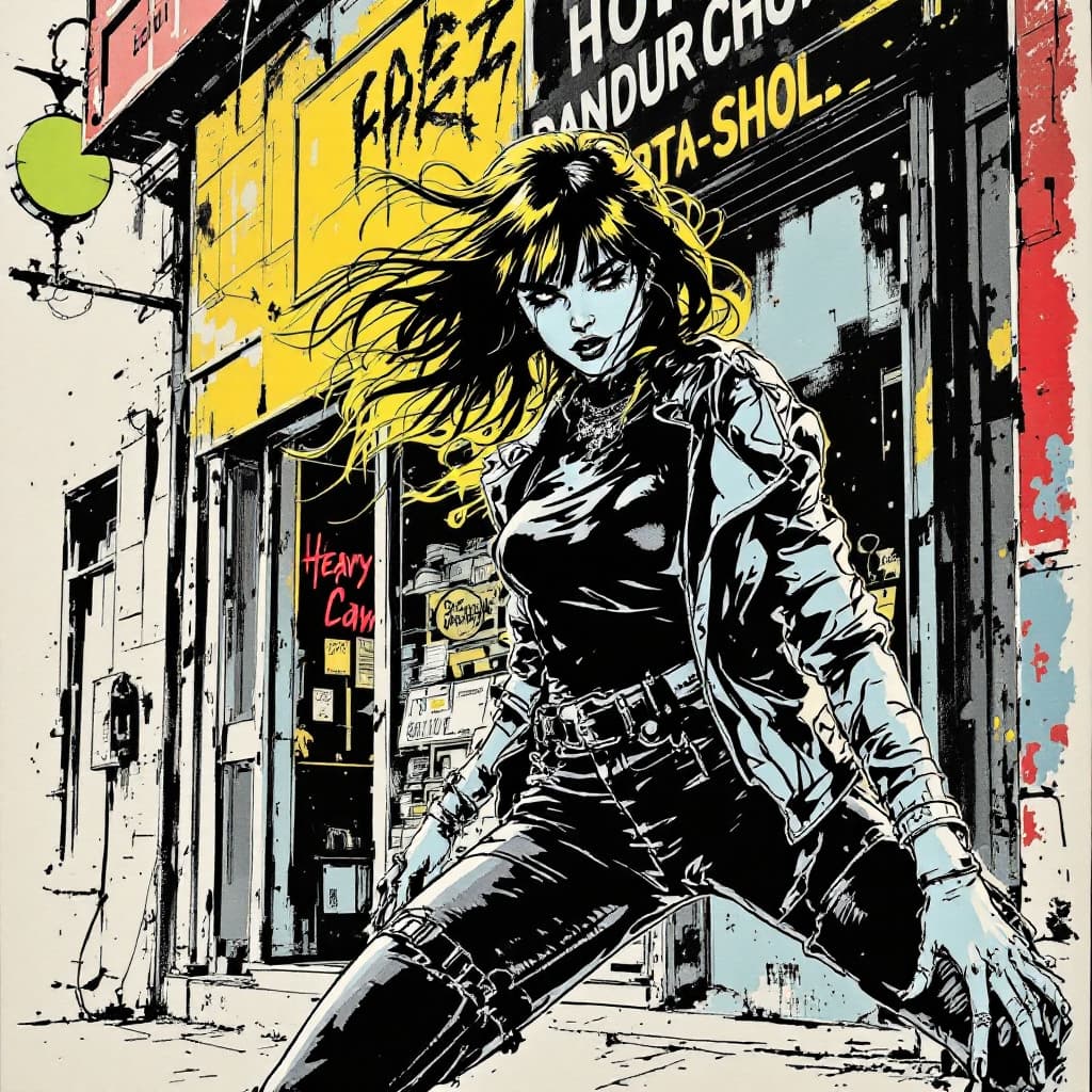 AI generated: Photorealistic comic book cover illustration, full body shot of a beautiful physically fit toned sle...