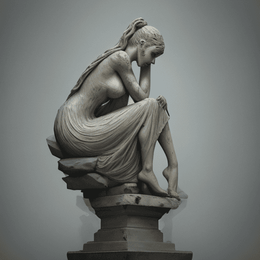 AI generated: broken woman represented by a stone statue breaking apart in the style of an eerie digital painting,...