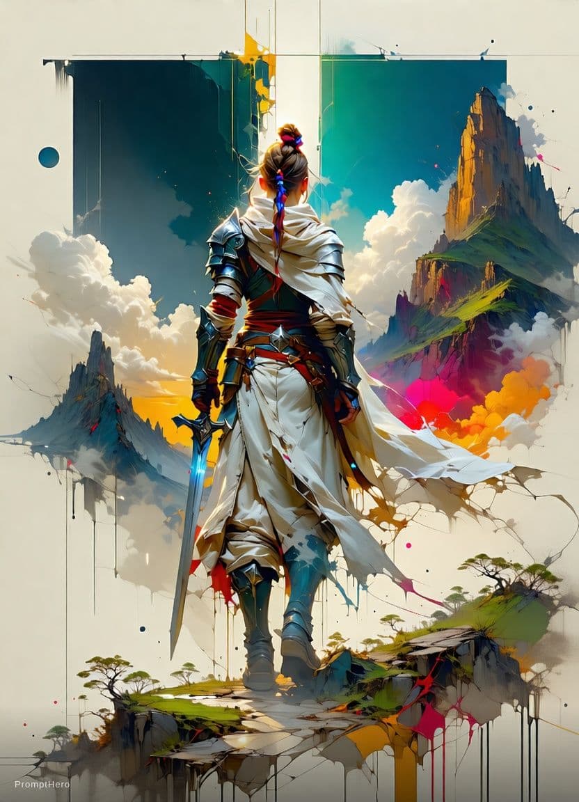 AI generated: poster of warrior princess| standing on hill |centered| key visual| intricate| highly detailed| brea...