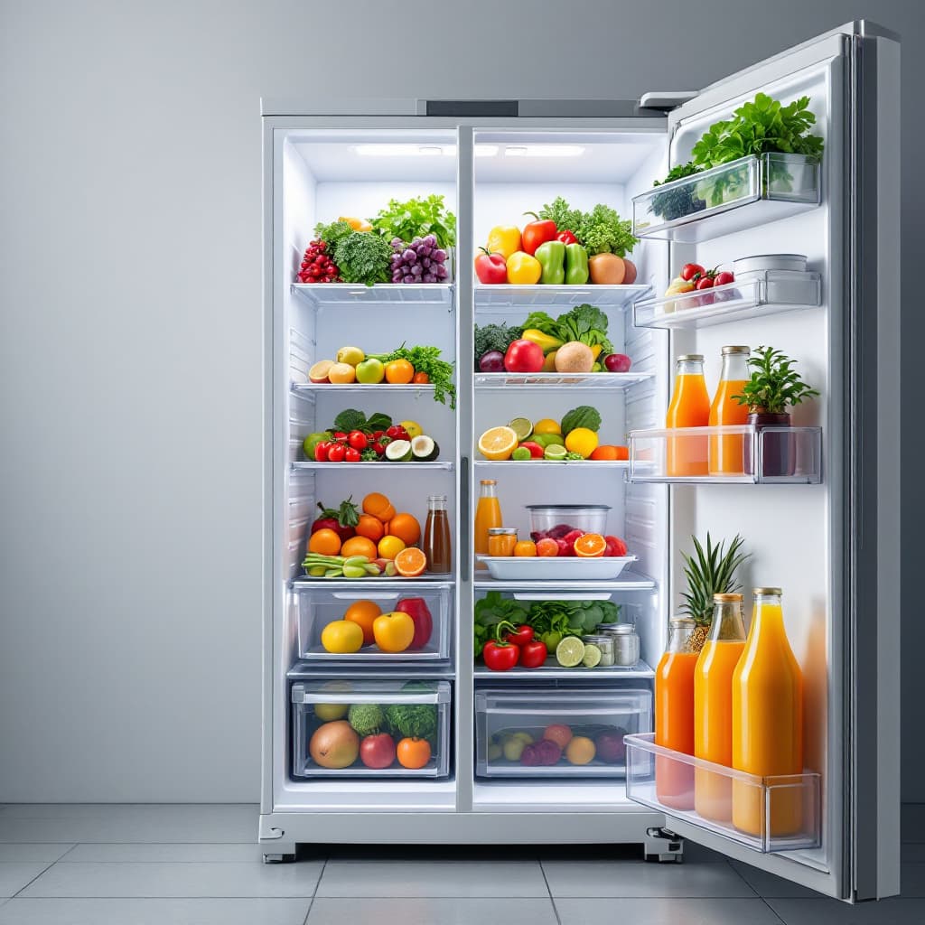 AI generated: Ultra realistic image of a fridge open with a lot of vegetables, fruits and natural juices