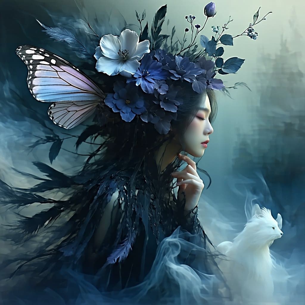 AI generated: She is an abyss of metamorphoses, created from feathers, flowers and mist. Magical realism, atmosphe...