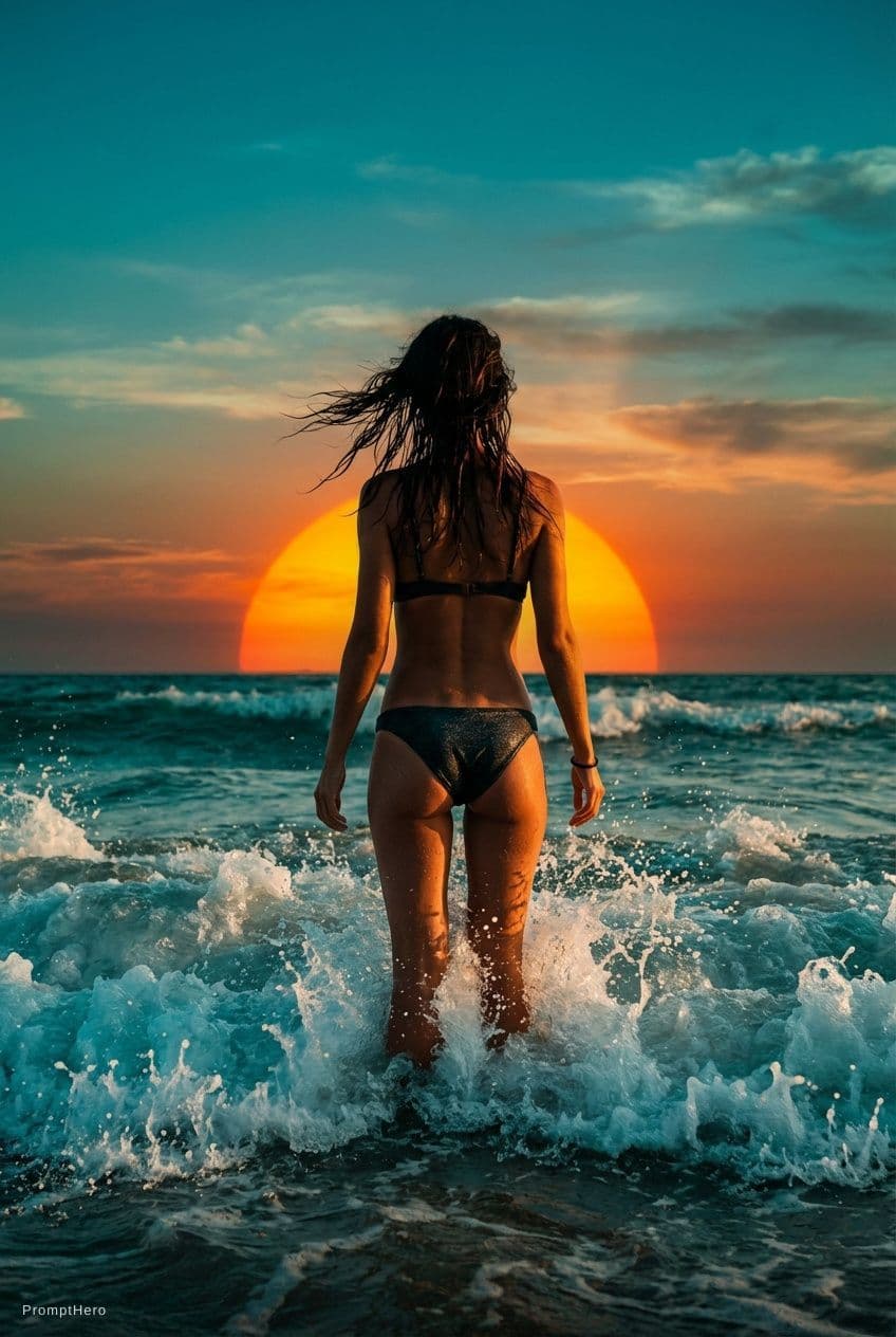 AI generated: A photorealistic, full-body shot of an adult woman standing in the ocean at sunset, viewed from behi...