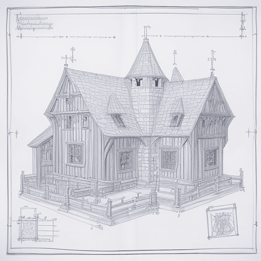 AI generated: detailed with notes, ink sketch of medieval preschool slick design clean lines blueprint perfect awe...