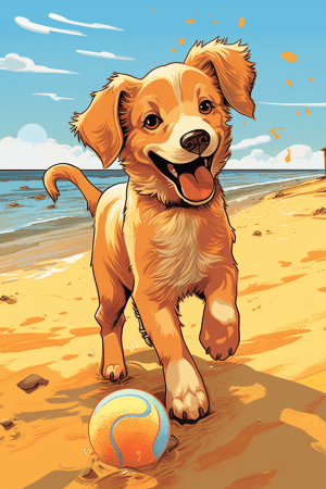 AI generated: cute puppy playing fetch on sunny beach background, Disney, vector, intricate sticker, by Jeff Smith...