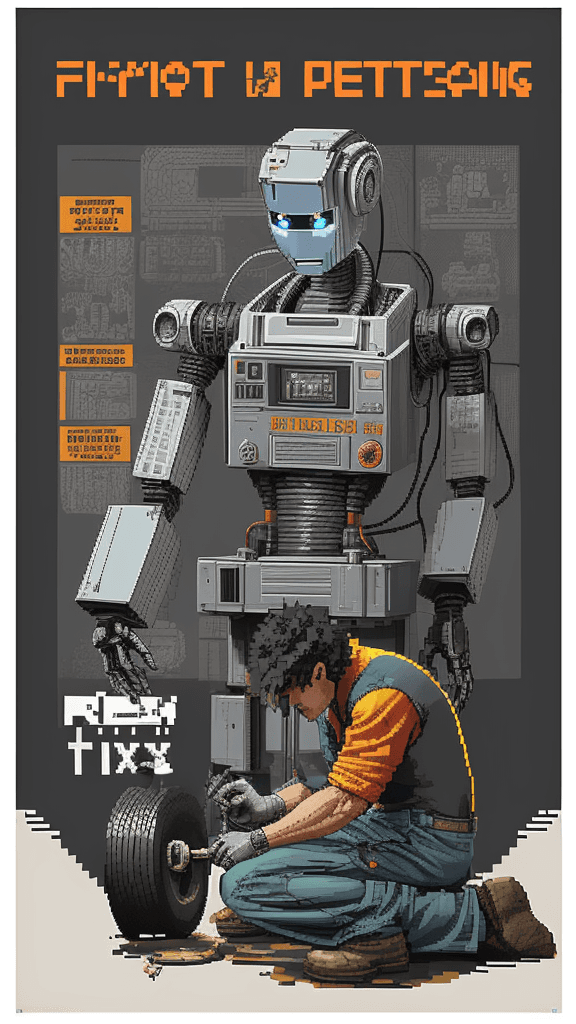 AI generated: mono pixelated poster, signed "101", a digital illustration of a robot mechanic fixing a car, highly...
