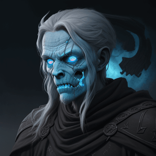 AI generated: a desiccated norse draugr with flaming blue eyes and a cloak in a dark moonlit background, artstatio...