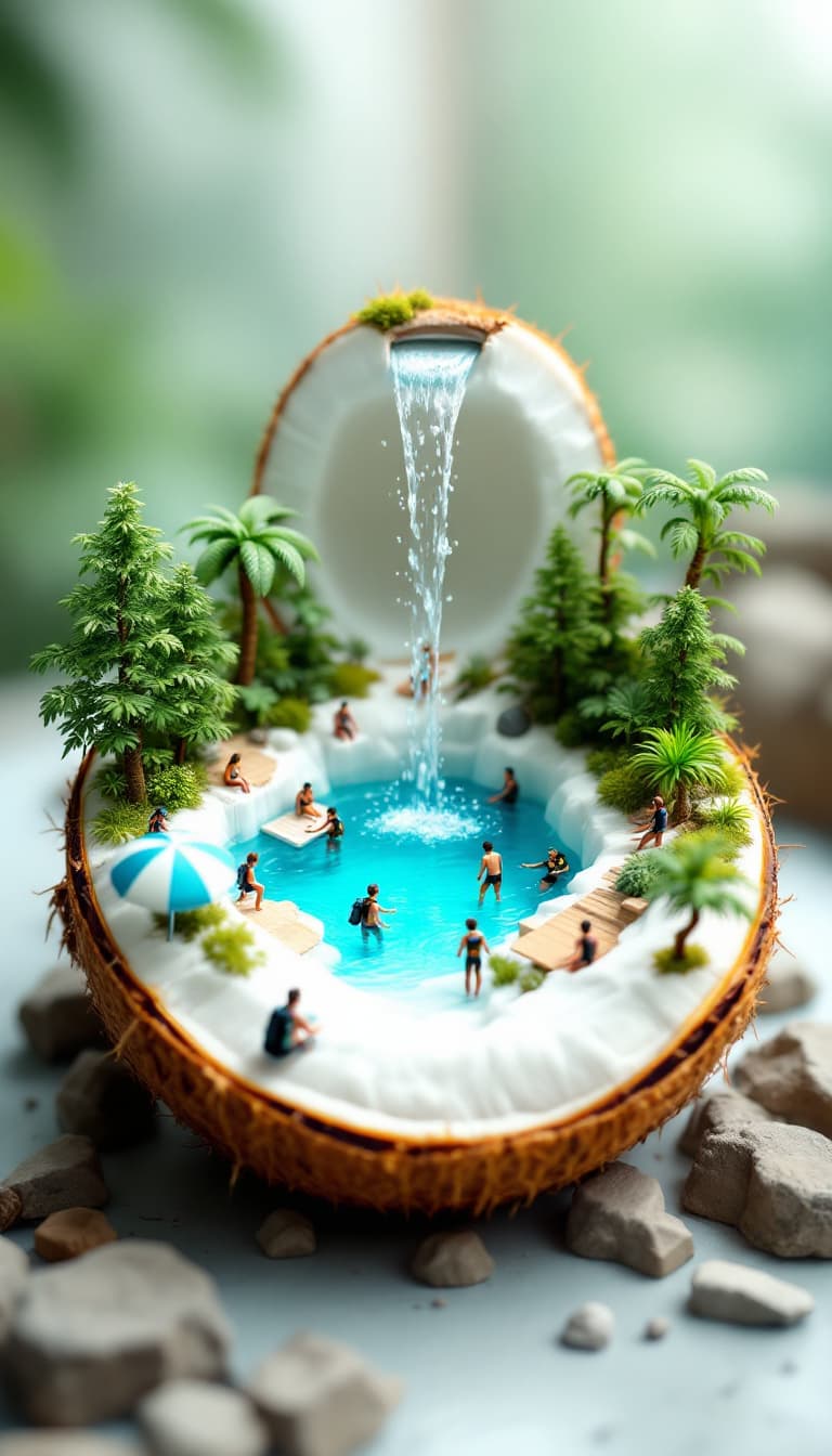 AI generated: The image is a surreal digital artwork featuring a coconut cut in half, with the top half positioned...